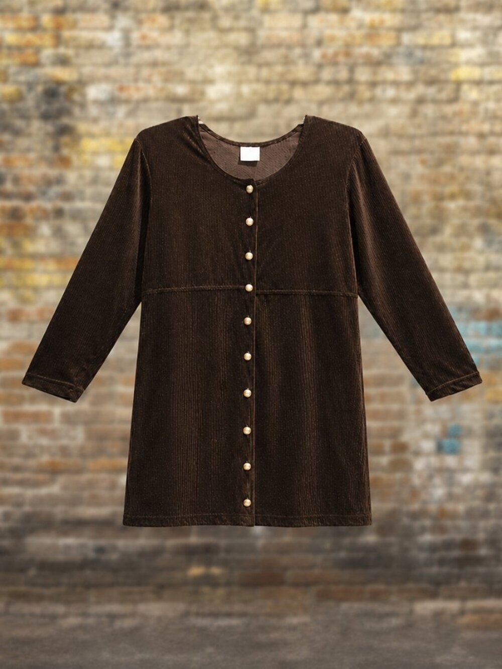 Style Studio Dk Brown Corduroy-Looking Velvet Soft Long Sleeved Dress - M